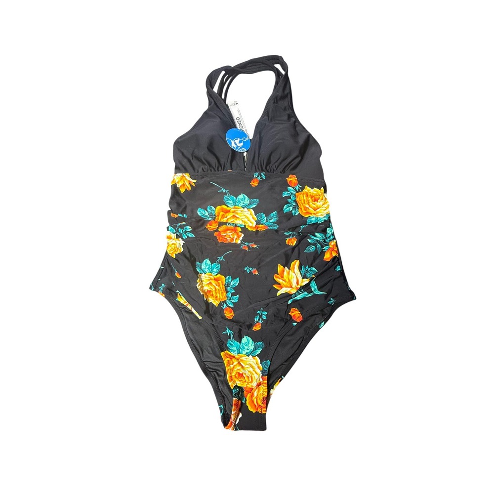 CUPSHE Floral One Piece Swimsuit Ruched Tummy‎ Control Halter Neck S